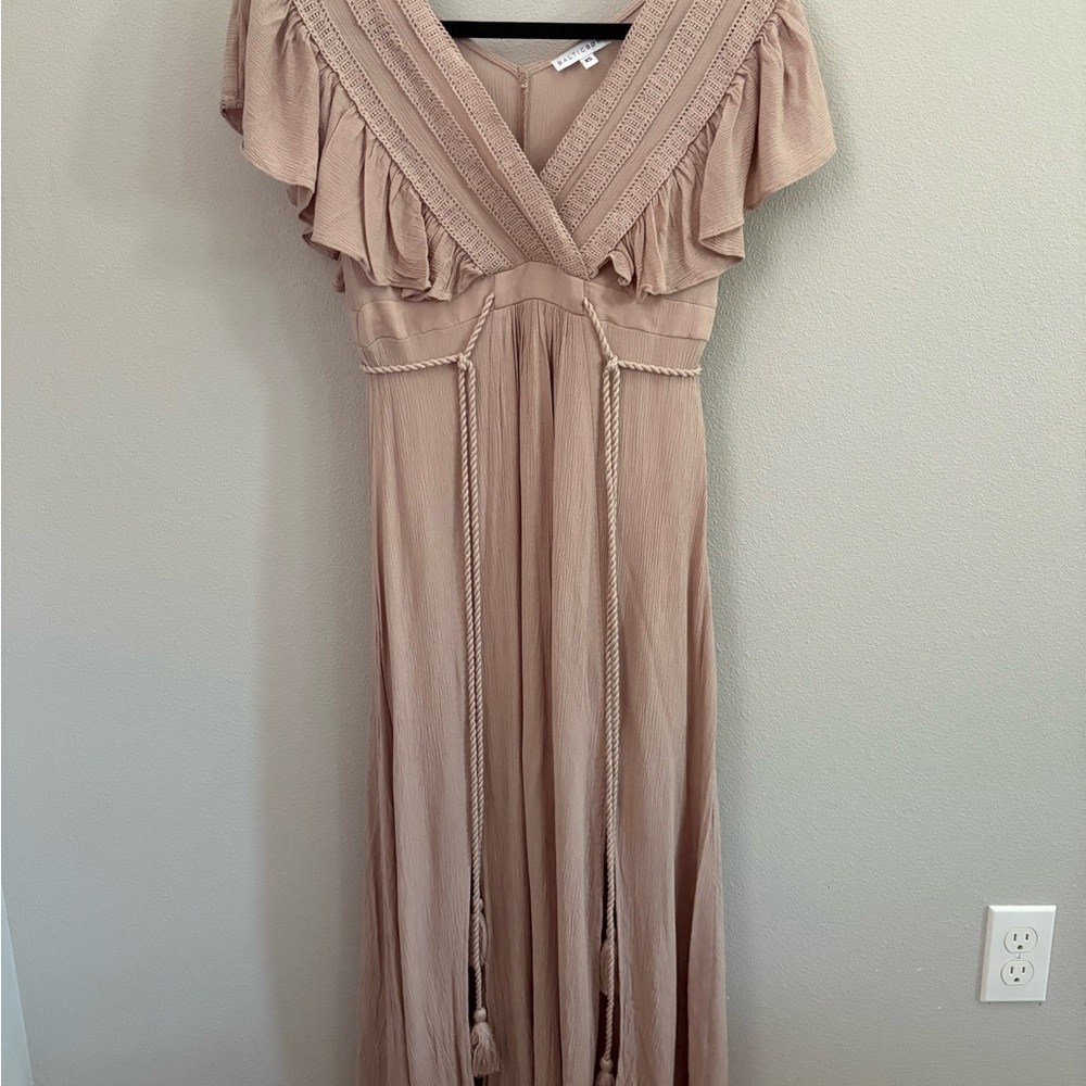 Baltic Born Taupe Maxi Dress with Ruffle Sleeves